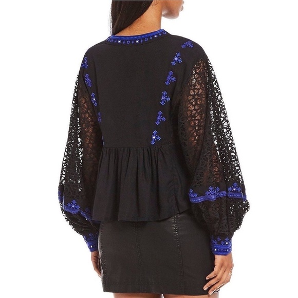 FREE PEOPLE Boogie All Night Balloon Lace Sleeve Top Blouse Embroidered Small - Picture 10 of 15